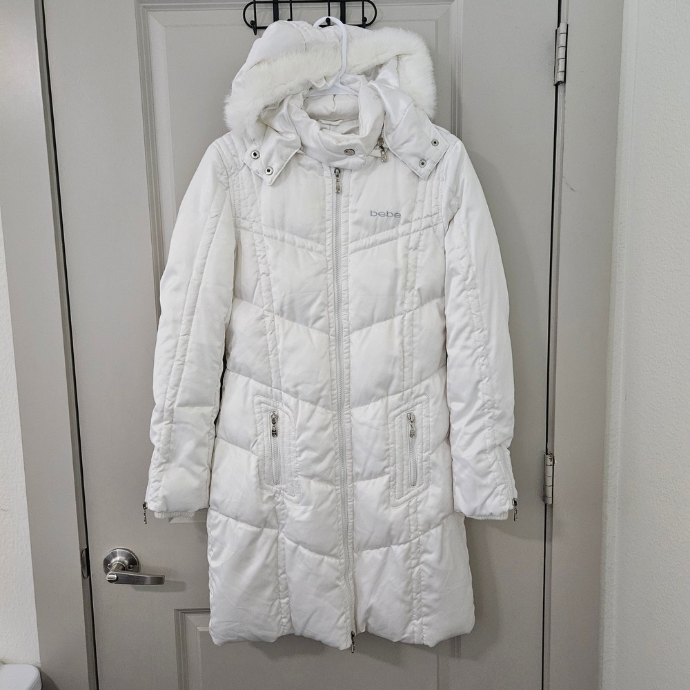 Bebe White Down Feather Puffer Coat Rabbit Fur Trim Hood Long Parka Jacket S